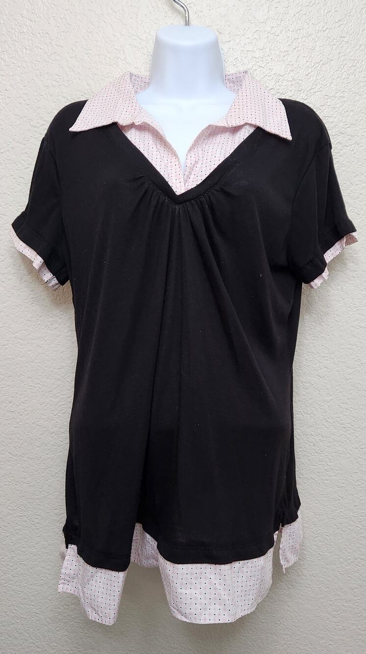 Paris Blues Black Pink Polka Dot Layered Collard Top 1X Plus Lightweight Pleated
